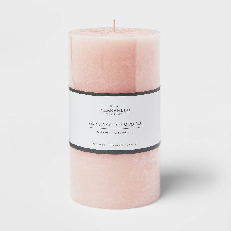 slide 1 of 3, 7"x4" Peony & Cherry Blossom Cozy Pillar Candle Pink - Threshold™: Modern Traditional Decor, 100hr Burn Time, 1 ct