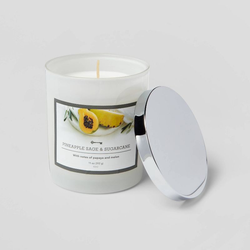slide 2 of 3, 11oz Lidded Milky Glass Jar Pineapple Sugarcane Candle - Threshold™, 11 oz