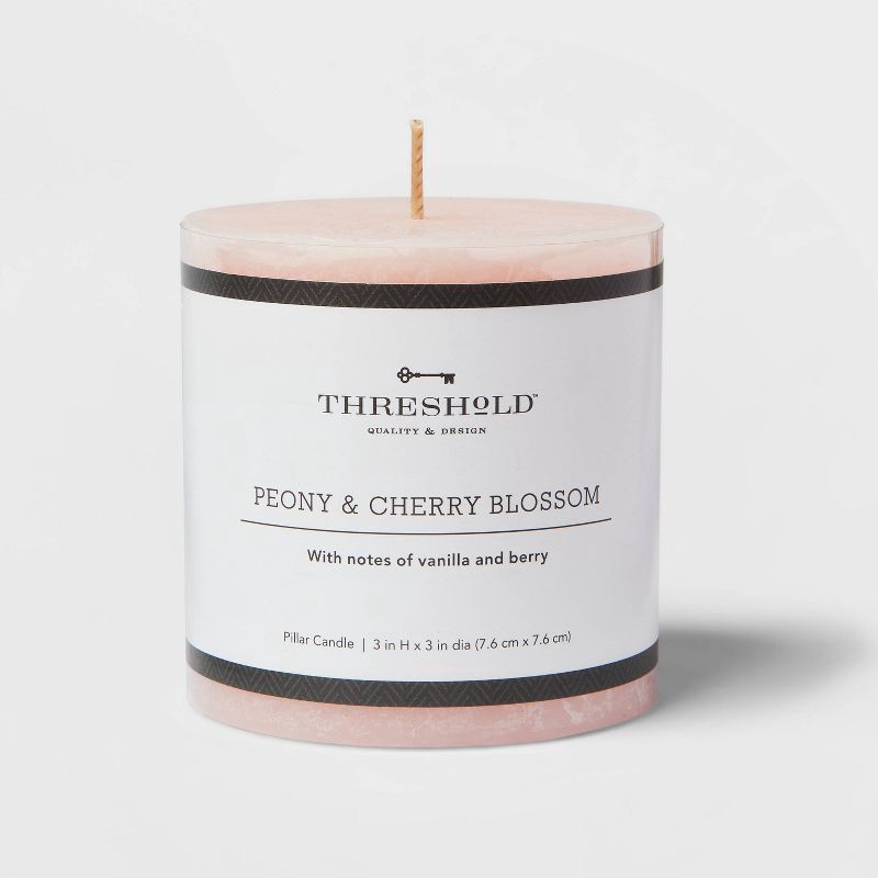 slide 1 of 3, 3"x3" Peony & Cherry Blossom Cozy Pillar Candle Pink - Threshold™: Scented, Modern Traditional Decor, 35h Burn Time, 1 ct