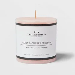 3"x3" Peony & Cherry Blossom Cozy Pillar Candle Pink - Threshold™: Scented, Modern Traditional Decor, 35h Burn Time