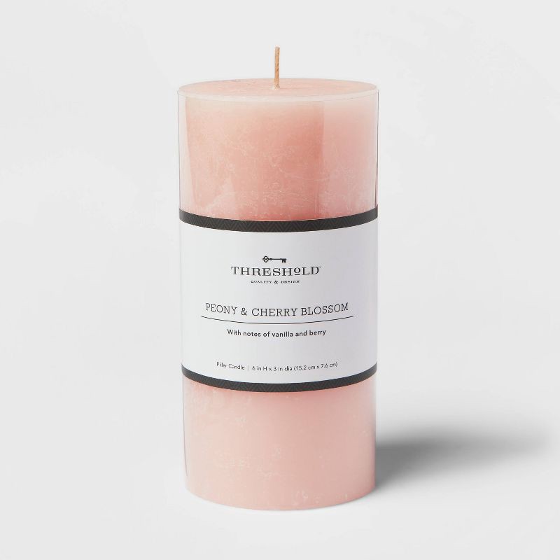 slide 1 of 3, 6"x3" Peony & Cherry Blossom Cozy Pillar Candle Pink - Threshold™: Scented, Modern Traditional Decor, 75hr Burn Time, 1 ct
