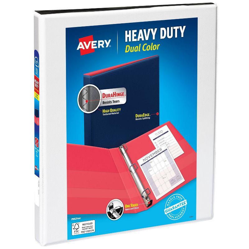 slide 1 of 4, Avery 0.5" D-Ring Binder Heavy Duty Dual View White/Black: Polypropylene, 135 Sheet Capacity, 4 Pockets, Hard Cover, 135 sheets