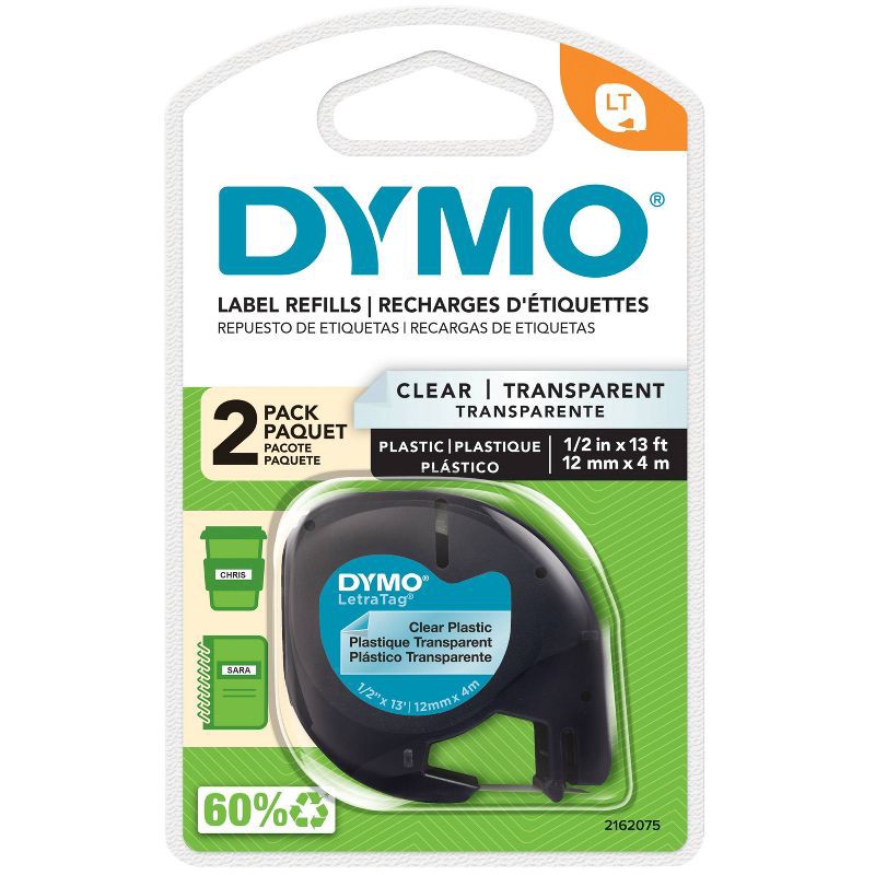 slide 1 of 8, DYMO LetraTag 2pk Label Tape Cassette Black on Clear Plastic, 2 ct