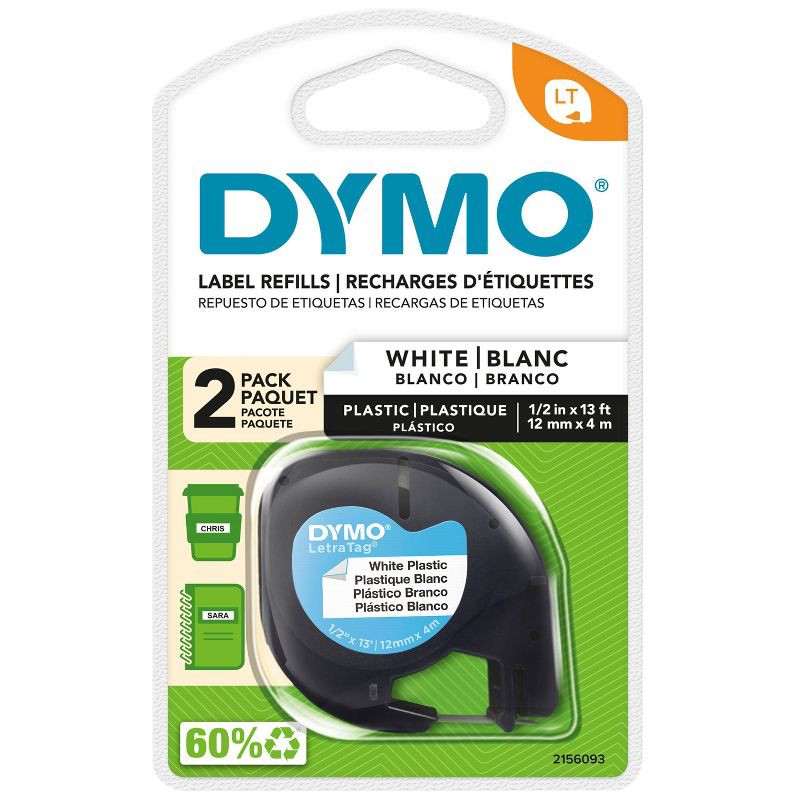 slide 1 of 8, DYMO LetraTag 2pk Label Tape Cassette Black on White Plastic, 2 ct