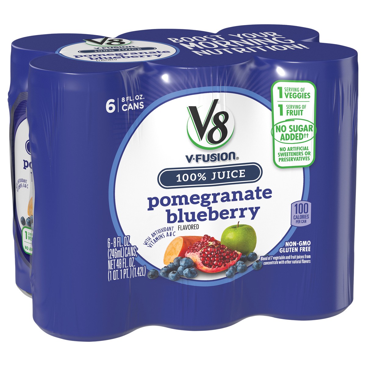 slide 3 of 9, V8 V-Fusion Pomegranate Blueberry 100% Juice 6 - 8 fl oz Cans, 48 oz