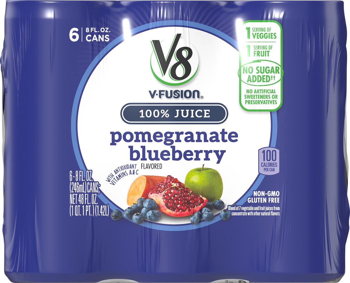 slide 1 of 9, V8 V-Fusion Pomegranate Blueberry 100% Juice 6 - 8 fl oz Cans, 48 oz