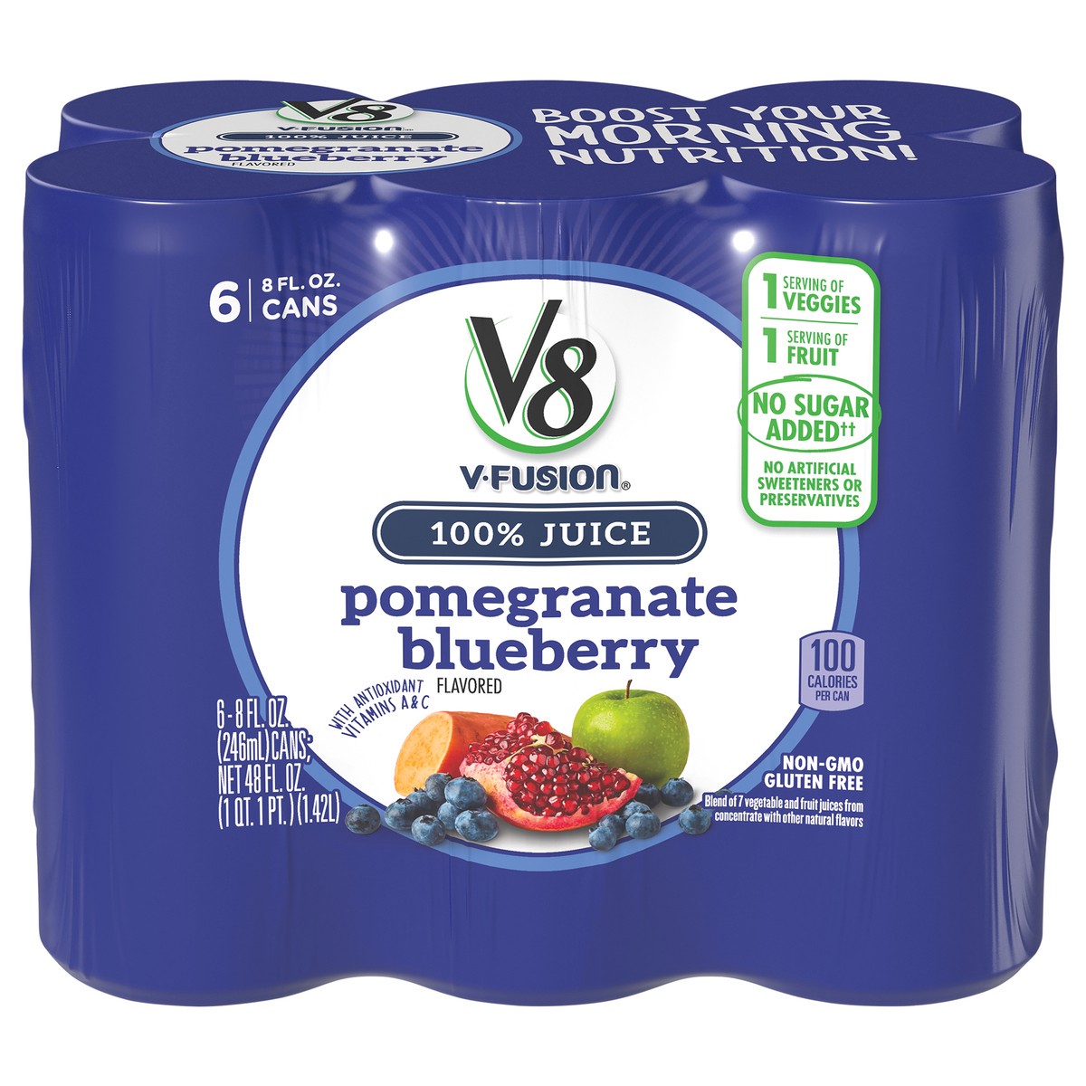 slide 1 of 9, V8 V-Fusion Pomegranate Blueberry 100% Juice 6 - 8 fl oz Cans, 48 oz