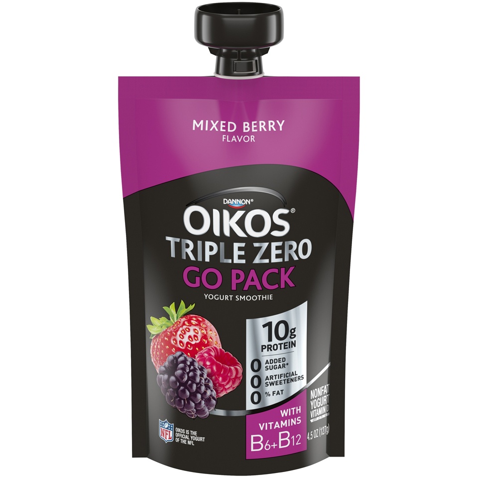 slide 1 of 5, Dannon Oikos Triple Zero Non-Fat Mixed Berry Go Pack&nbsp;, 4.5 oz