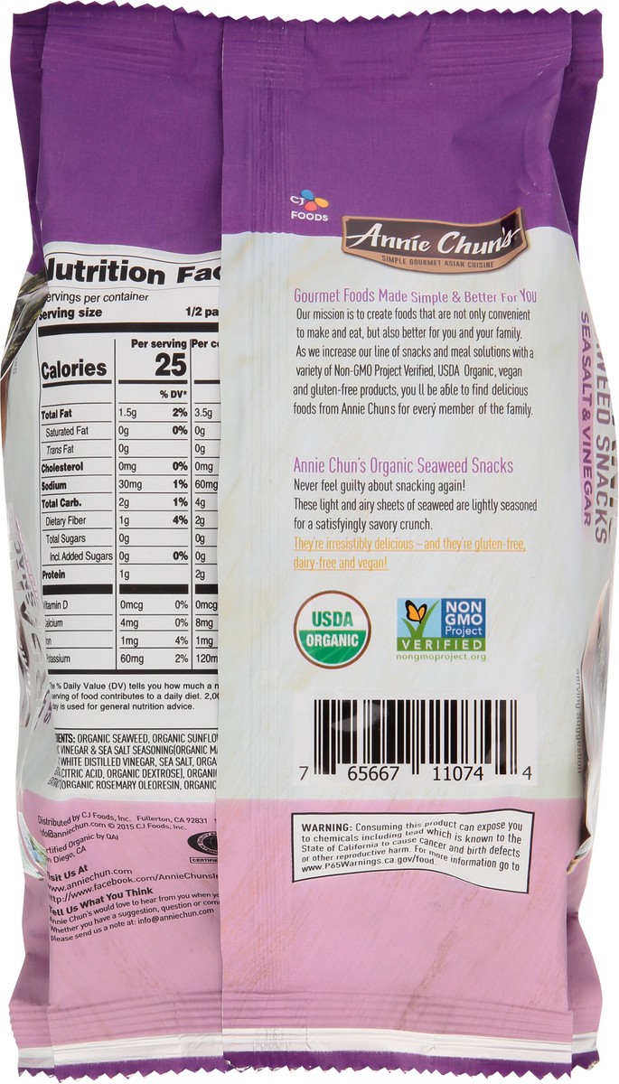 slide 8 of 9, Annie Chun's Organic Sea Salt & Vinegar Seaweed Snack, 0.35 oz