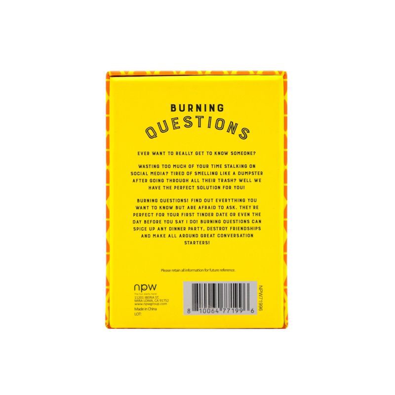slide 2 of 3, 100ct Burning Questions Card Game: NPW Creative Thinking Party Game for Kids' & Adults, 2+ Players, Includes Cards, 100 ct
