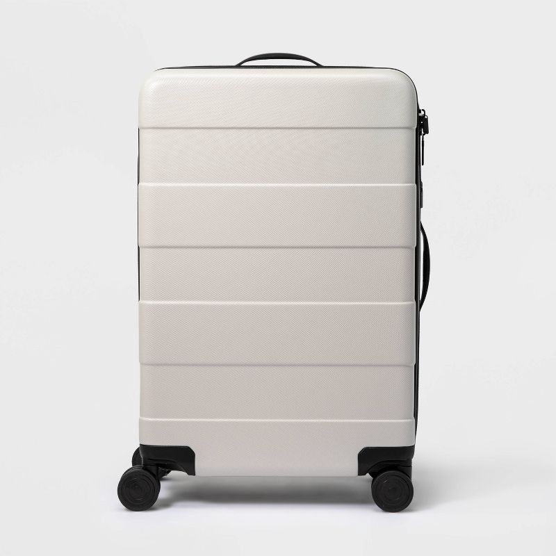 slide 1 of 7, Hardside Medium Checked Spinner Suitcase Tan - Made By Design, 1 ct