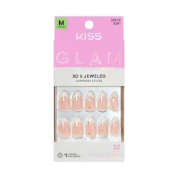 Kiss Glam 3D & Jewel Press On Nails Almond, Serendipity Awaits, Neutral, Medium, 32 Count