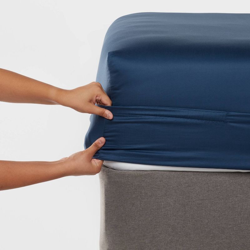 slide 4 of 4, Queen 400 Thread Count Performance Fitted Sheet Metallic Blue - Threshold™: Cotton Sateen, Machine Washable, Fits 18" Mattress, 1 ct