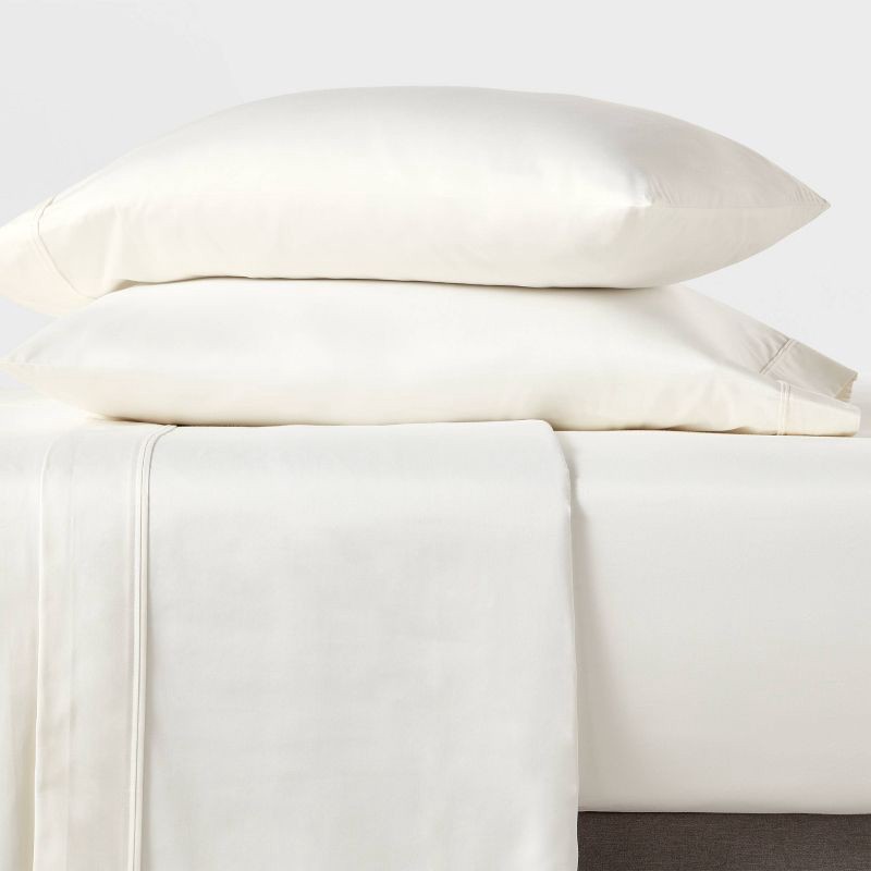 slide 2 of 4, King 400 Thread Count Performance Fitted Sheet Sour Cream - Threshold™: Cotton Sateen, Machine Washable, Fits 18" Mattress, 1 ct