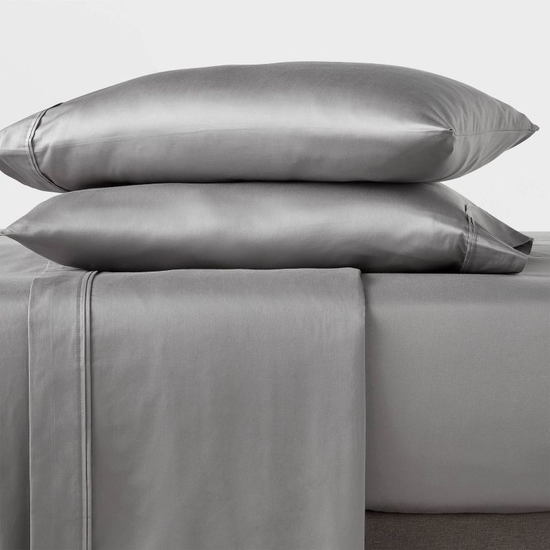 slide 2 of 4, Queen 400 Thread Count Performance Fitted Sheet Classic Gray - Threshold™: Cotton Sateen, Machine Washable, Fits 18" Mattress, 1 ct