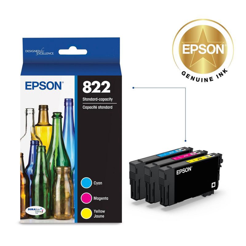 slide 2 of 6, Epson 822 Standard Yield 3pk Ink Cartridge - Cyan Magenta Yellow: Printer Ink Combo Pack, Epson 822 Series, 3 ct