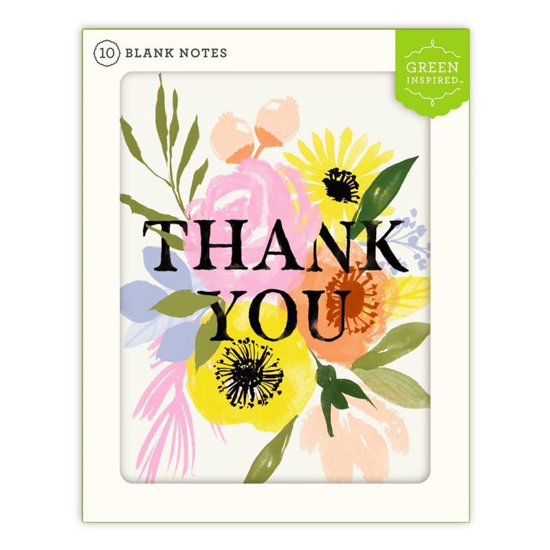 slide 1 of 3, 10ct Thank You Cards Flower Burst: Green Inspired Multicolor Floral Stationery with Envelopes, Botanical Design, Blank Inside, 10 ct