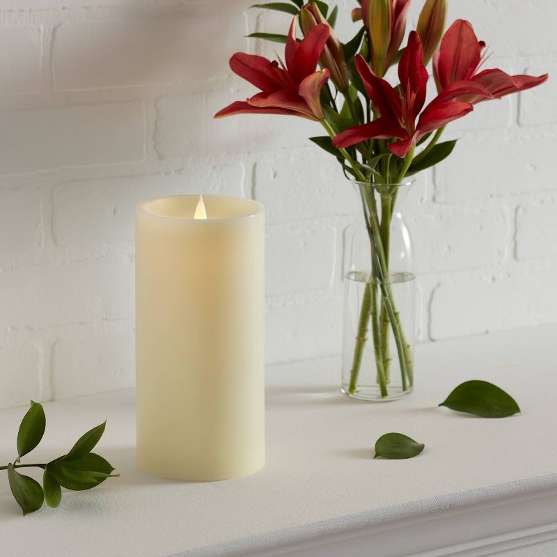 slide 2 of 3, 4" x 8" LED Pillar Cream - Threshold™: Paraffin Wax, Battery Operated, Off-White Decorative Candle, 1 ct