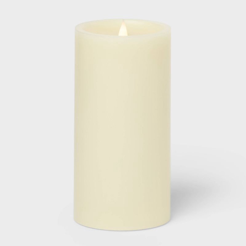 slide 3 of 3, 4" x 8" LED Pillar Cream - Threshold™: Paraffin Wax, Battery Operated, Off-White Decorative Candle, 1 ct