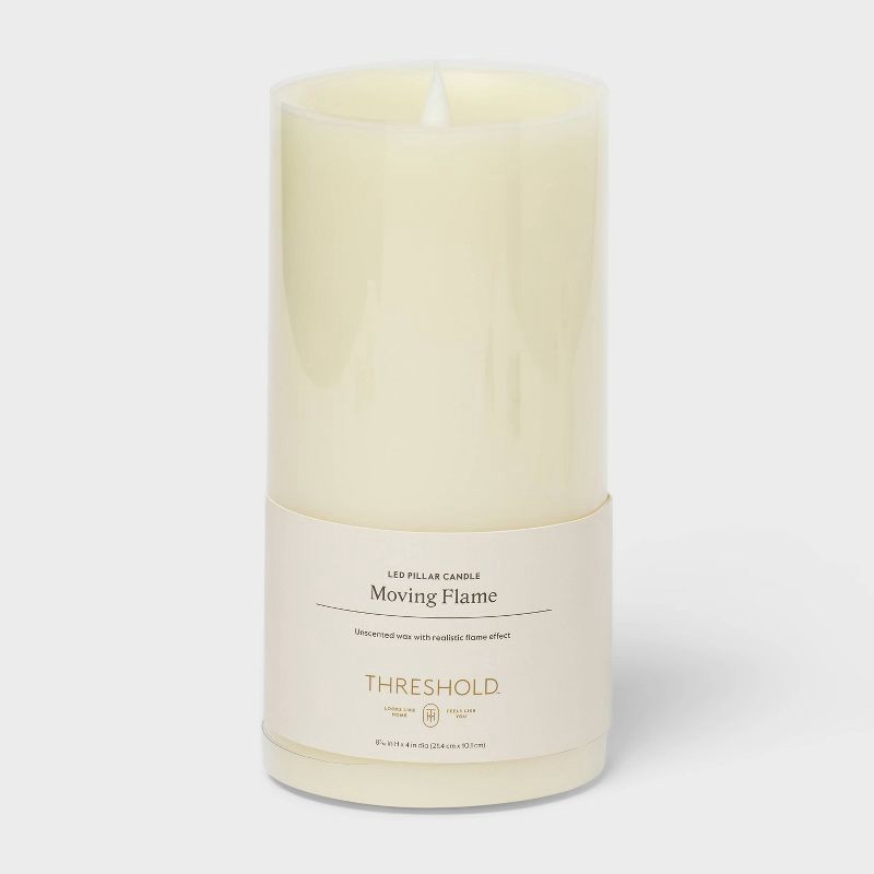 slide 1 of 3, 4" x 8" LED Pillar Cream - Threshold™: Paraffin Wax, Battery Operated, Off-White Decorative Candle, 1 ct