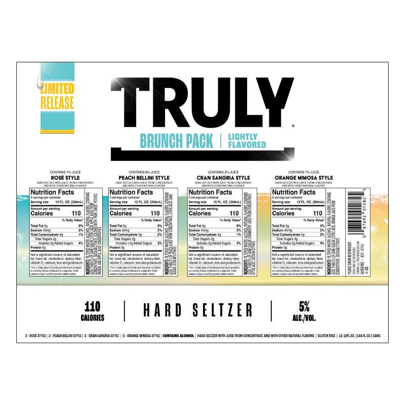 slide 6 of 9, Truly Spiked & Sparkling Truly Hard Seltzer Brunch Variety Pack - 12pk/12 fl oz Cans, 12 ct; 12 fl oz