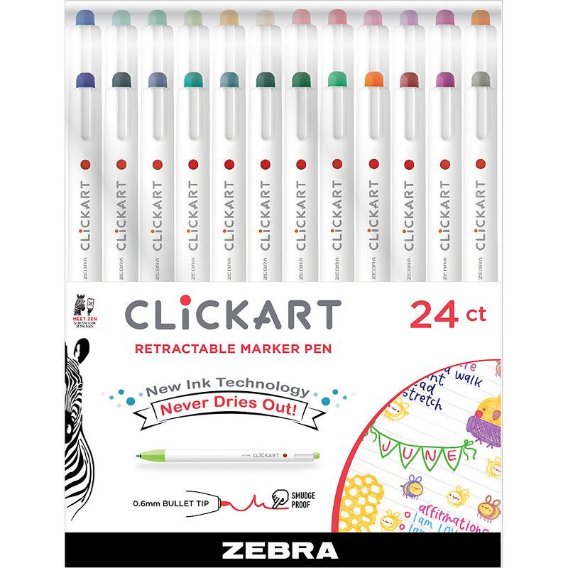 slide 1 of 6, Zebra 24pk Clickart Retractable Creative Markers 0.6mm Assorted Colors: Felt Tip Pens, Multicolored Ink, 5.5" Length, 24 ct