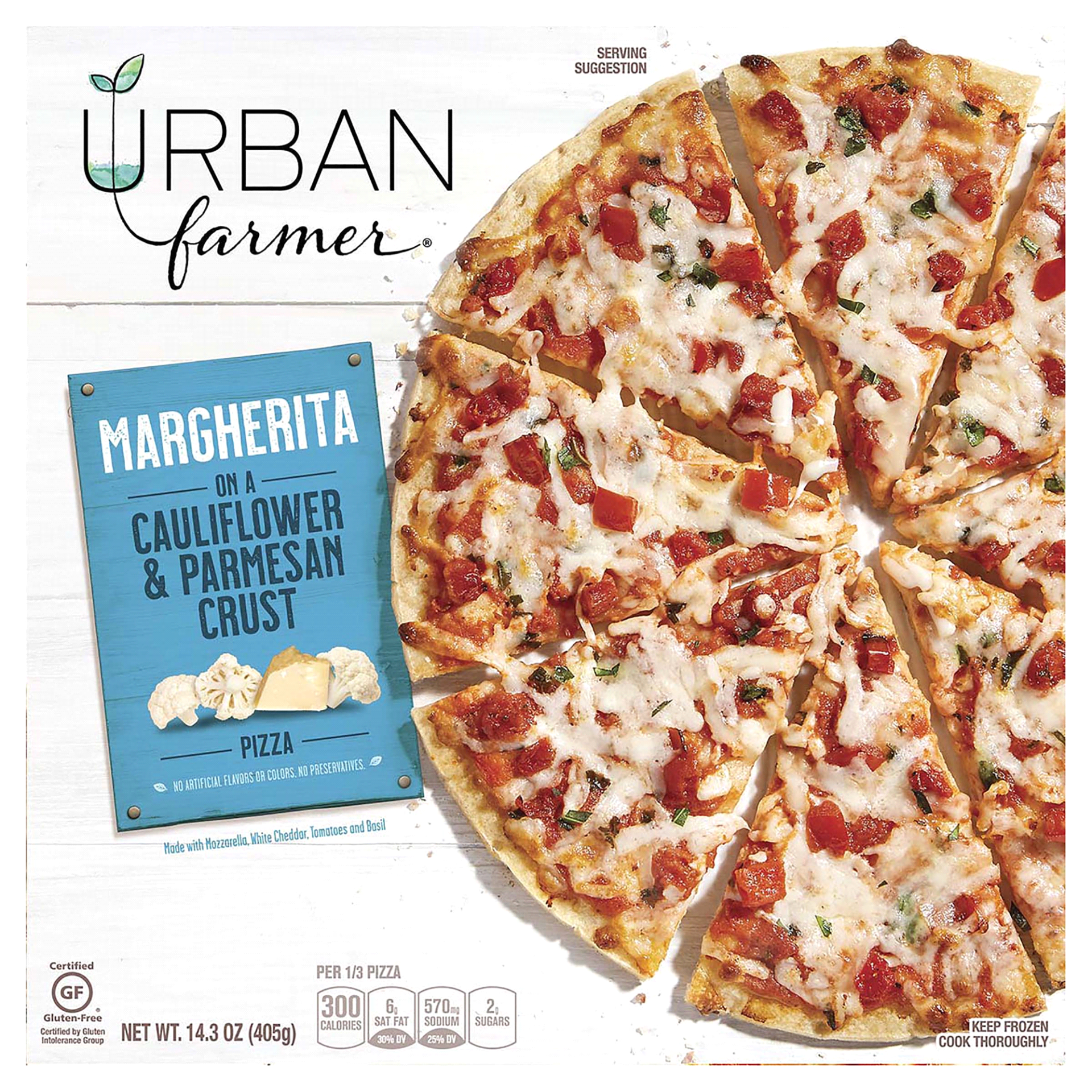 slide 1 of 1, Urban Farmer Pizza Margherita Cauliflower Parmesan Crust Frozen, 14.3 oz