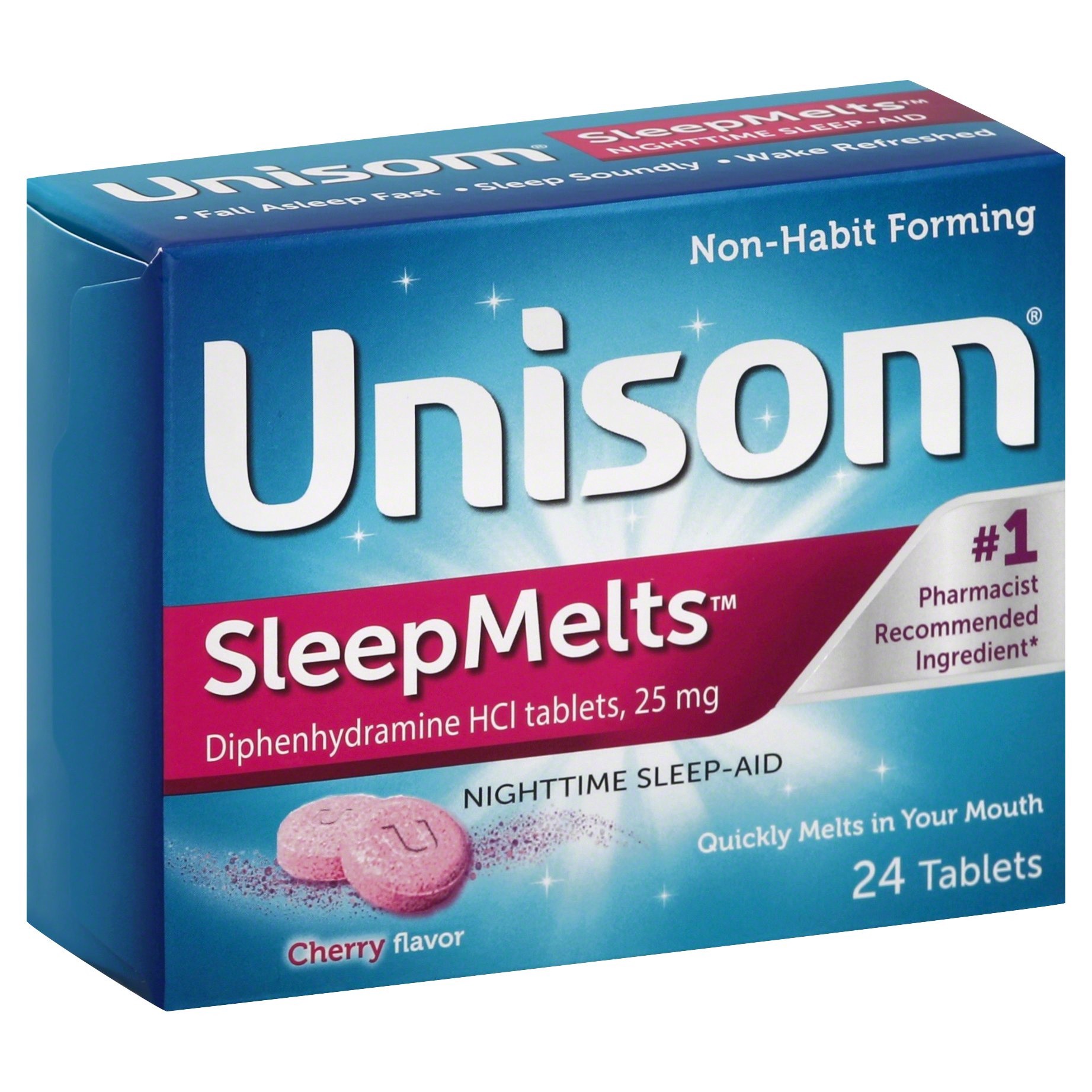 slide 1 of 2, Unisom Quick Melts Nighttime Sleep-Aid Cherry Flavor Tablet, 24 ct; 25 mg