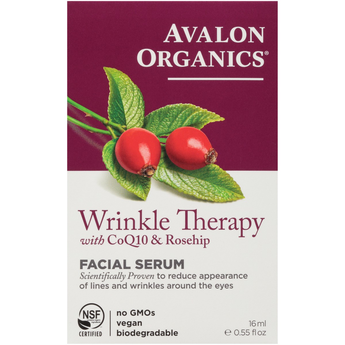 slide 1 of 9, Avalon Organics Wrinkle Therapy with CoQ10 & Rosehip Facial Serum 0.55 fl. oz. Box, 0.55 fl oz