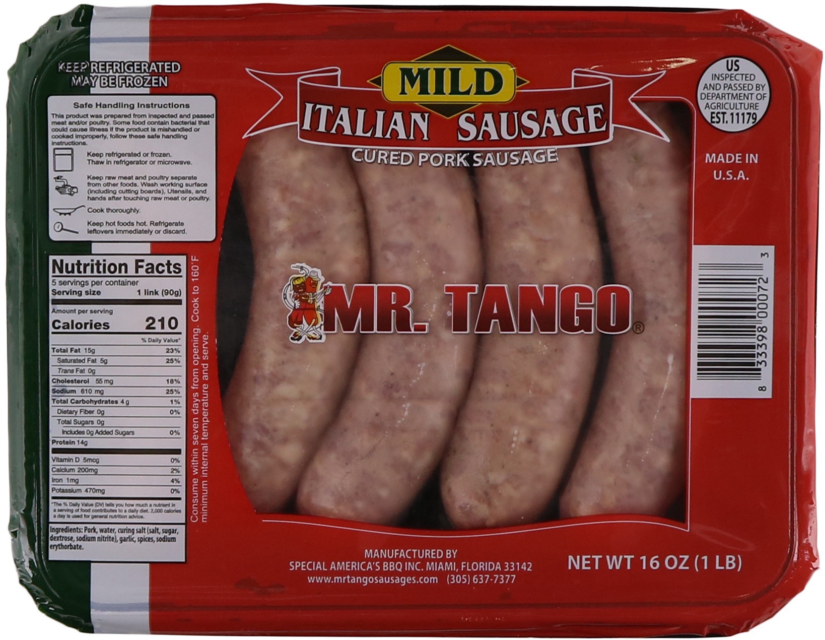 slide 1 of 1, Mr. Tango Mild Italian Sausage Cured Pork Sausage, 16 oz