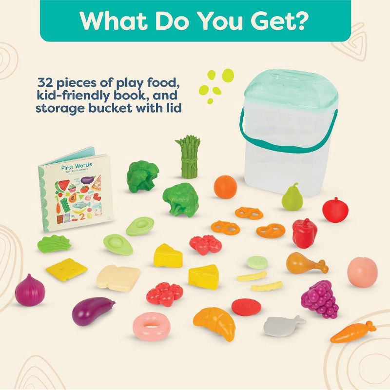 slide 6 of 12, B. toys - Play Food Set with Bucket & Board Book - Foodie Fun, 1 ct