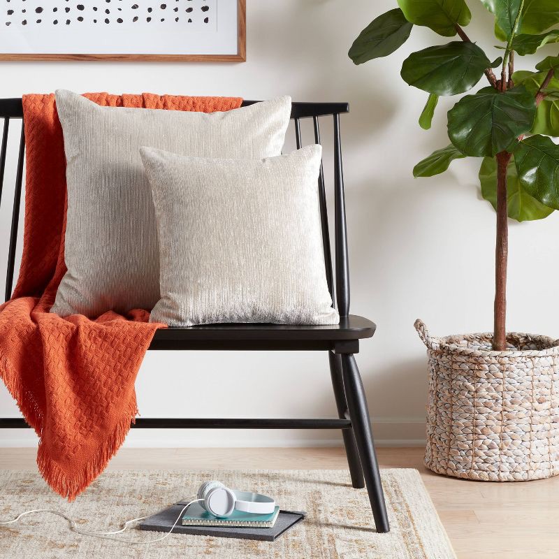 slide 2 of 4, Velvet Rib Textured Square Throw Pillow Neutral - Threshold™: Modern Indoor Decorative Accent, Polyester Fiber Fill, 1 ct