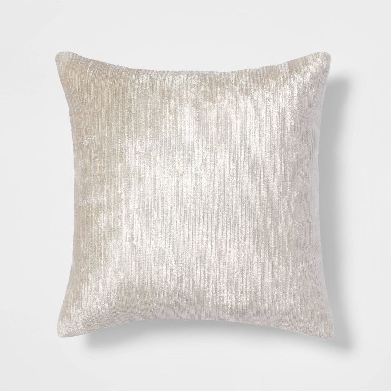 slide 1 of 4, Velvet Rib Textured Square Throw Pillow Neutral - Threshold™: Modern Indoor Decorative Accent, Polyester Fiber Fill, 1 ct