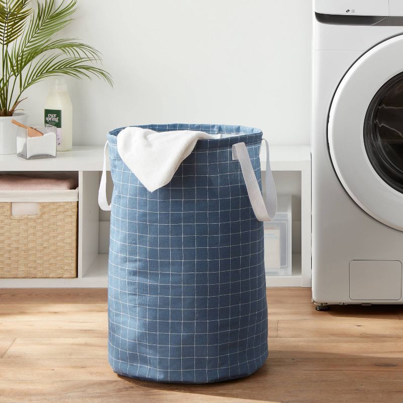slide 3 of 3, Scrunchable Round Laundry Hamper Blue Stitch Grid - Brightroom™, 1 ct