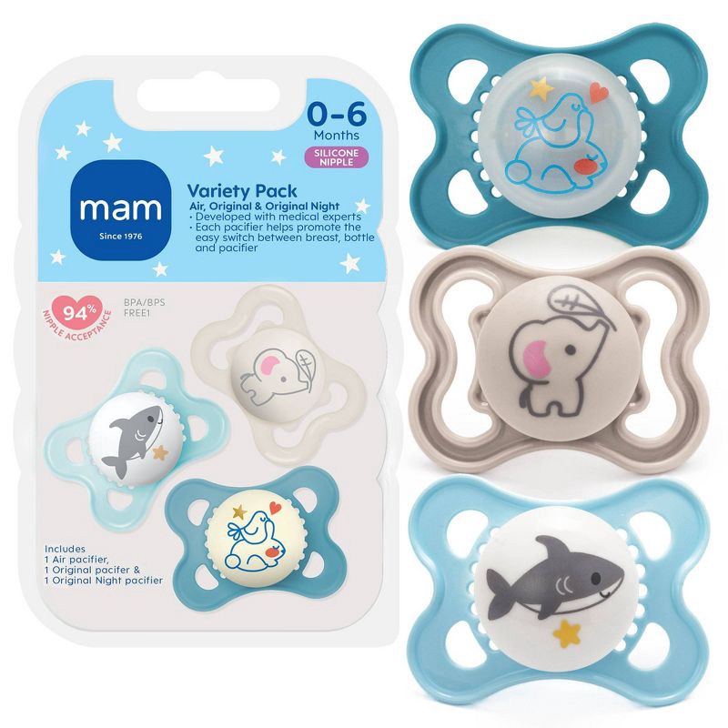 slide 1 of 8, MAM Pacifier Variety Pack 0-6m - Boy - 3pk: BPA-Free, Phthalate-Free, Silicone, Pacifiers, 3 ct