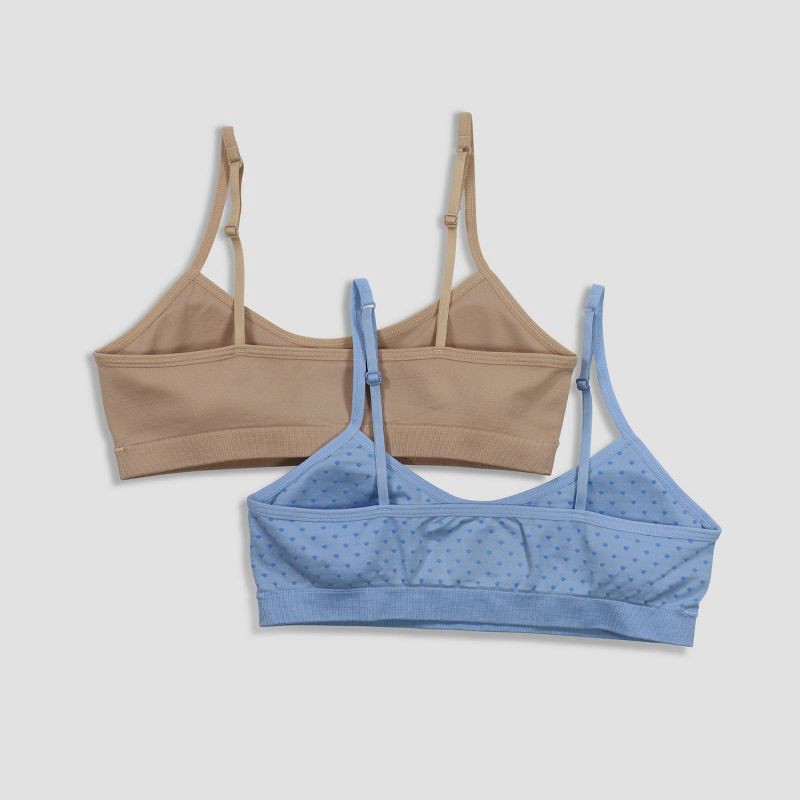 slide 2 of 3, Hanes Girls' 2pk Seamless Bra - Blue/Brown M: T Back, Adjustable Strap, Removable Padding, Polka Dots, 2 ct