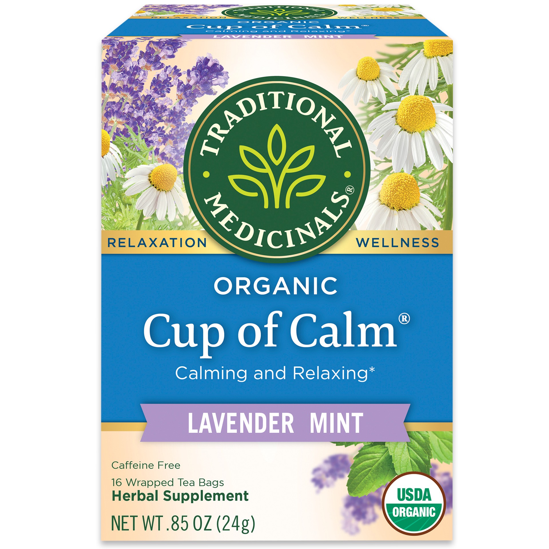 slide 1 of 1, Traditional Medicinals Organic Cup of Calm, Caffeine Free Herbal Tea, 16 ct