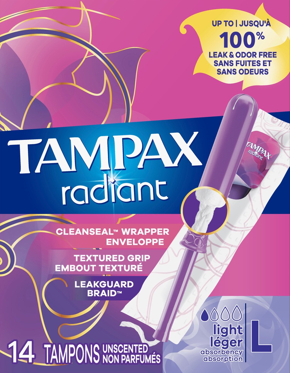 slide 2 of 2, Tampax Radiant Tampons, with LeakGuard Braid, Light Absorbency, Unscented, 14 Count, 14 ct