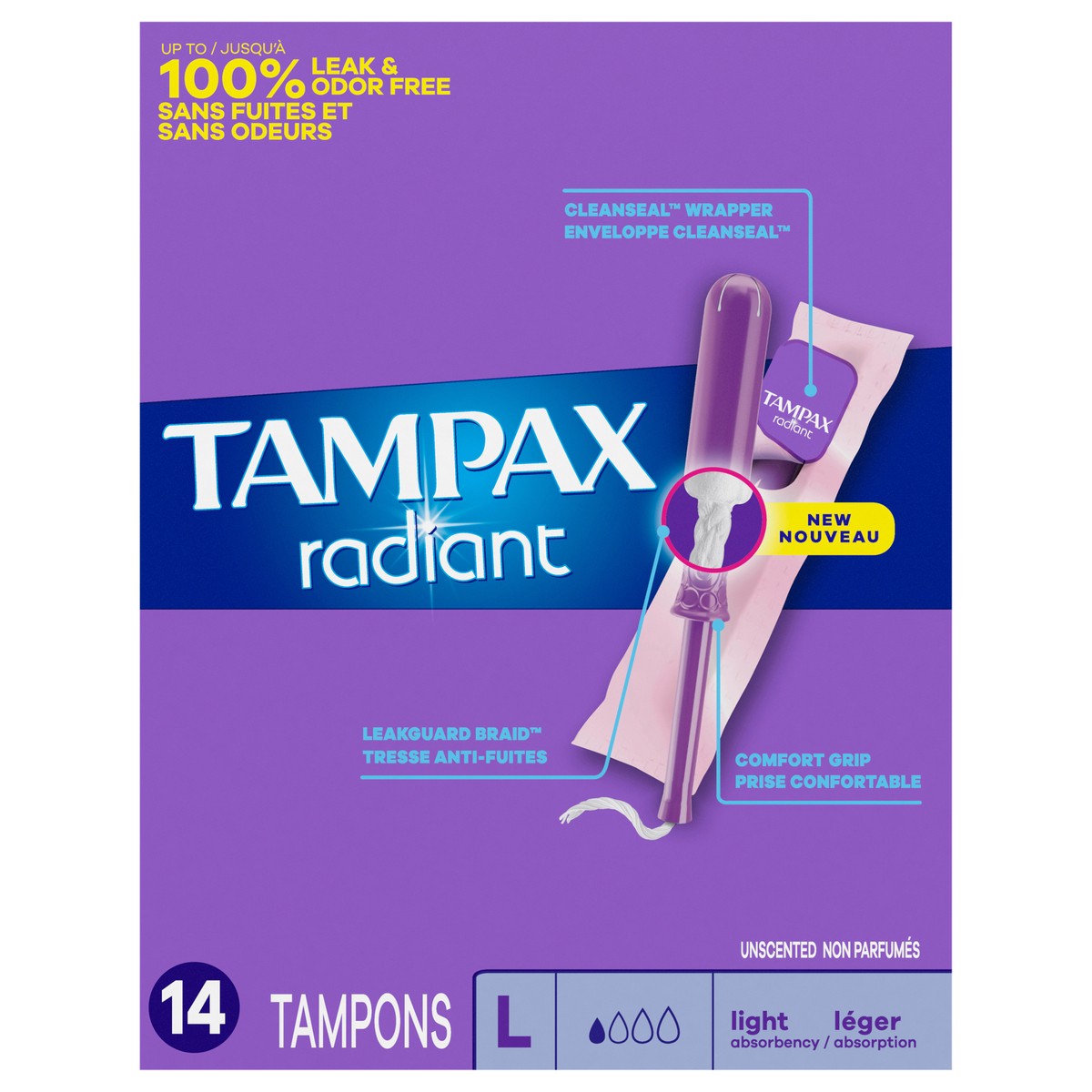 slide 1 of 2, Tampax Radiant Tampons, with LeakGuard Braid, Light Absorbency, Unscented, 14 Count, 14 ct