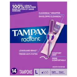Tampax Radiant Tampons, with LeakGuard Braid, Light Absorbency, Unscented, 14 Count