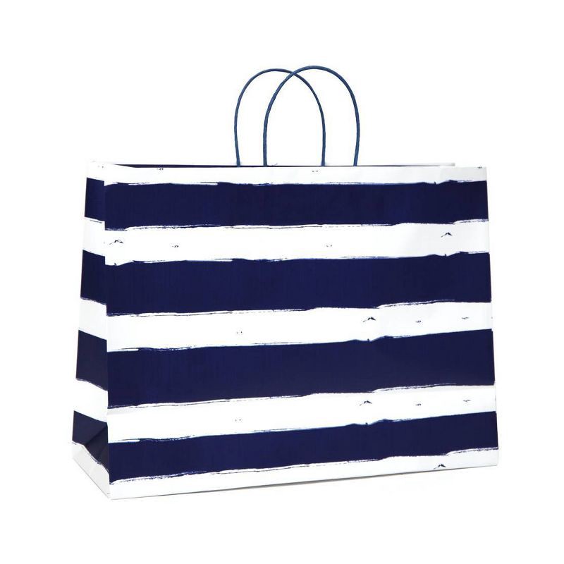 slide 3 of 3, XL Vogue Bag Horizontal Navy Striped on White - Spritz™: Large Matte Laminated, Twisted-Paper Handle, All Occasions, 1 ct