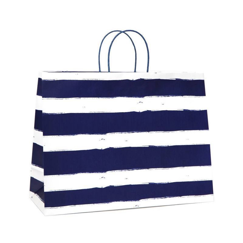 slide 1 of 3, XL Vogue Bag Horizontal Navy Striped on White - Spritz™: Large Matte Laminated, Twisted-Paper Handle, All Occasions, 1 ct