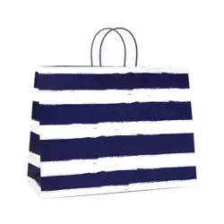 XL Vogue Bag Horizontal Navy Striped on White - Spritz™: Large Matte Laminated, Twisted-Paper Handle, All Occasions