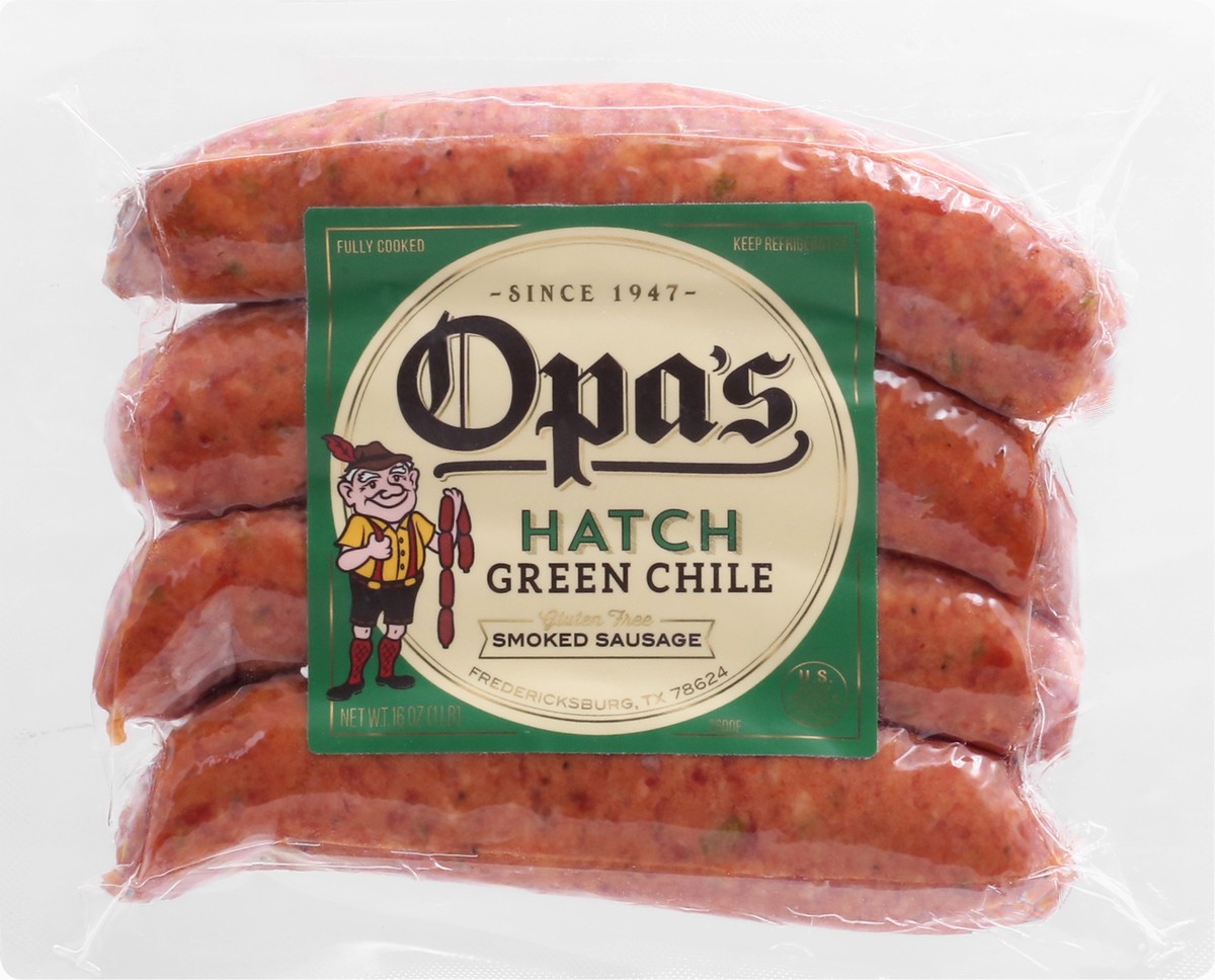 slide 10 of 13, Opa's Smoked Hatch Green Chili Sausage 16 oz, 16 oz