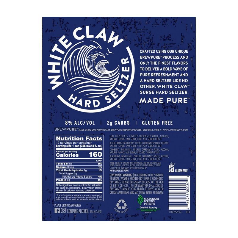 slide 6 of 6, White Claw Hard Seltzer White Claw SURGE Hard Seltzer Variety Pack - 12pk/12 fl oz Slim Cans, 12 ct; 12 fl oz