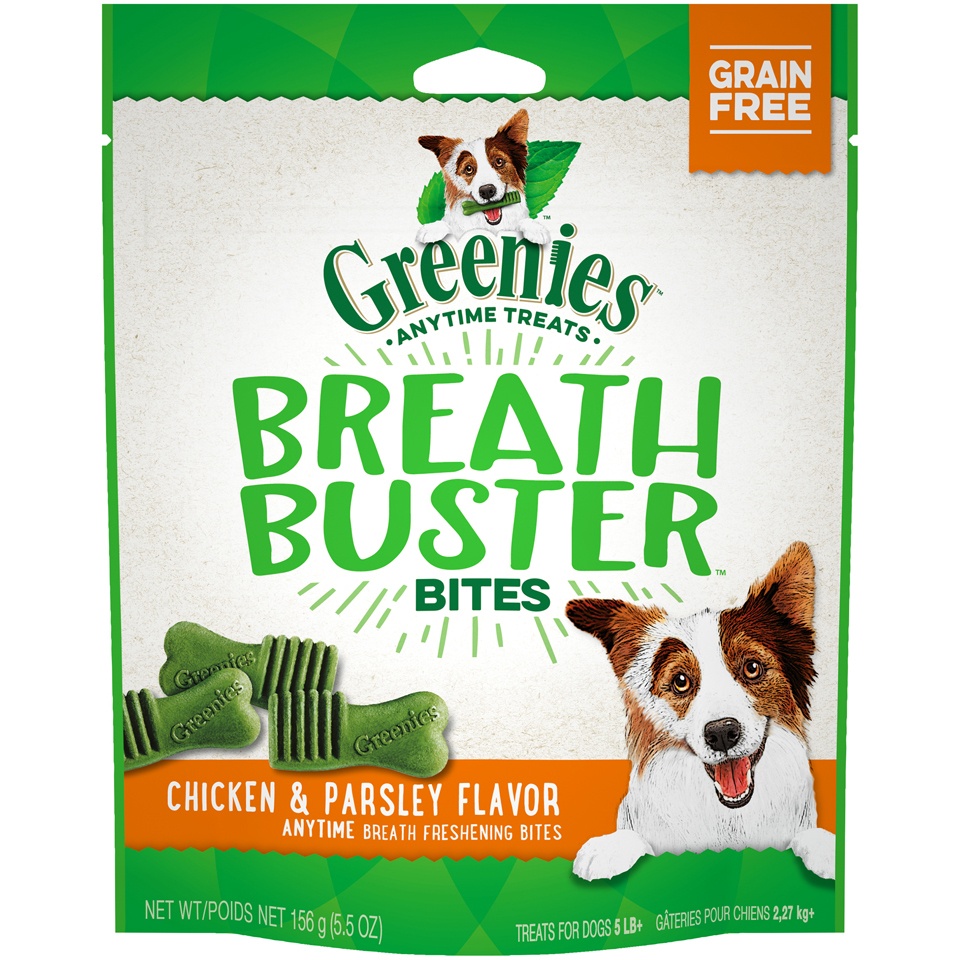 slide 1 of 1, Greenies BREATH BUSTER Bites Chicken & Parsley Flavor Treats for Dogs, 5.5 oz