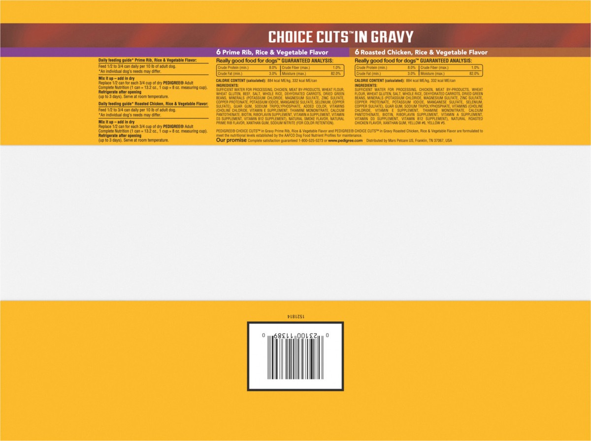 slide 3 of 14, Pedigree Choice Cuts in Gravy Prime Rib, Rice & Vegetable Flavor/Roasted Chicken, Rice & Vegetable Flavor Food for Dogs 12 - 13.2 oz Cans, 13.2 oz