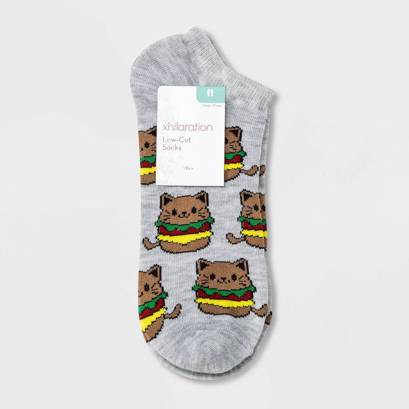 slide 2 of 2, Women's Cat Hamburger Low Cut Socks - Light Heather Gray 4-10: Funny Knit Gift, 1 ct