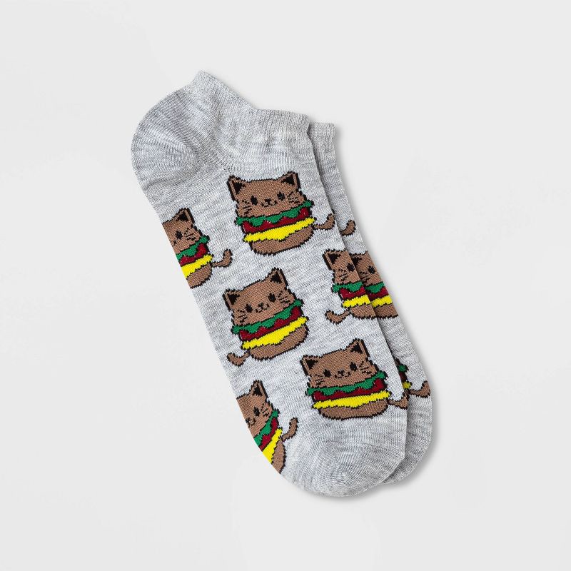 slide 1 of 2, Women's Cat Hamburger Low Cut Socks - Light Heather Gray 4-10: Funny Knit Gift, 1 ct