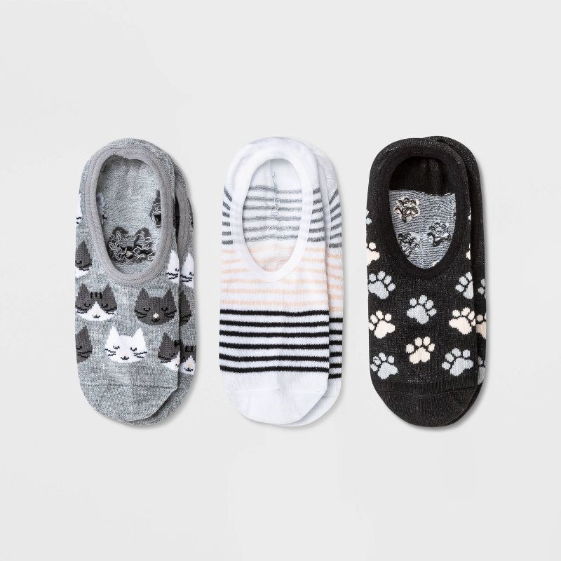 slide 1 of 2, Women's Cats 3pk Liner Socks - Gray/White/Black 4-10: Hidden Gel Heel Grip, Knit Midweight Fabric, 3 ct